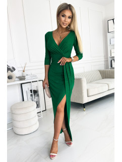 Lesklé dámské šaty v lahvově zelené barvě s výstřihem a rozparkem na noze 404-1