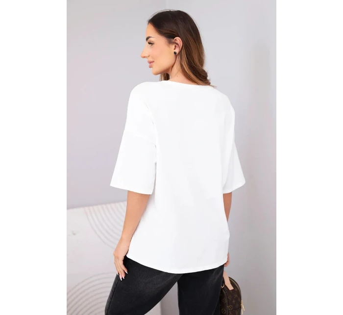 Dámská bavlněná oversize halenka s krátkým rukávem a potiskem V bílá