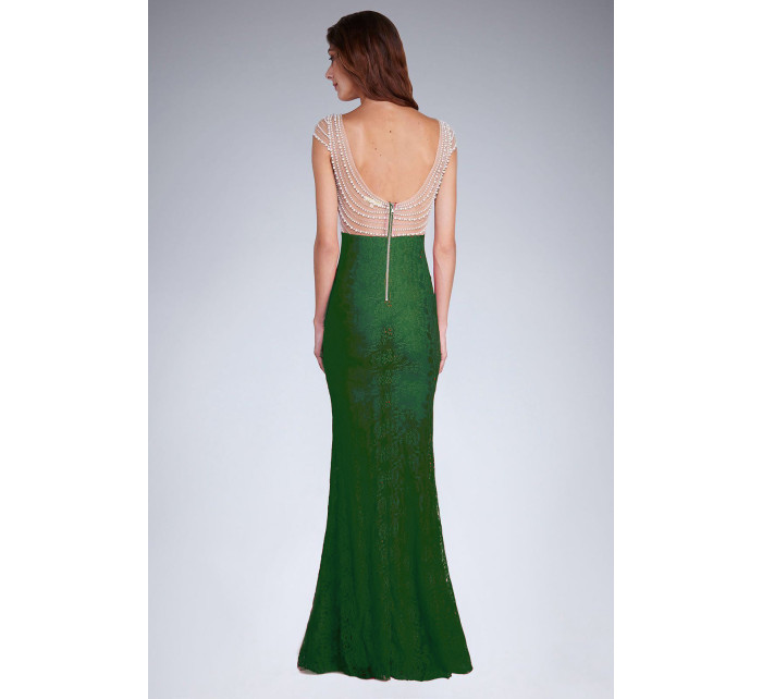 Dámské společenské šaty SOKY SOKA s perličkami a krajkou dlouhé zelené - Zelená - SOKY&SOKA