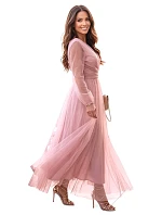 Dlouhé maxi šaty s rukávy a obálkovým výstřihem pudrově růžové model 22046066 - numoco basic