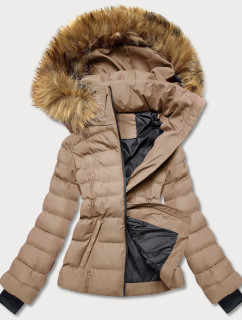 Krátká béžová dámská zimní bunda s kožešinou (5M768-62)