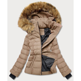 Krátká béžová dámská zimní bunda s kožešinou (5M768-62)