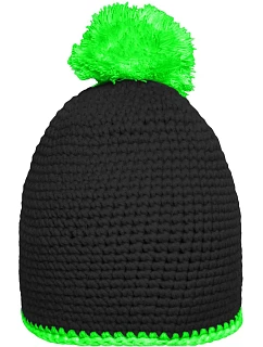 Daiber MB 7964 Háčkovaná čepice s kontrast. lemem a bambulí 03.7964 black/neon green