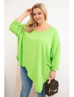 Dámská bavlněná blůza Plus Size s asymetrickým spodním lemem a výstřihem do V světle zelená