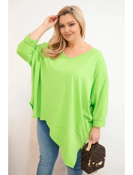Dámská bavlněná blůza Plus Size s asymetrickým spodním lemem a výstřihem do V světle zelená