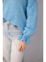 Dámský svetr s přídavkem mohéru a vlny volného střihu modrý Dámský svetr s přídavkem mohéru a vlny volného střihu modrý