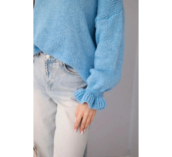 Dámský svetr s přídavkem mohéru a vlny volného střihu modrý Dámský svetr s přídavkem mohéru a vlny volného střihu modrý