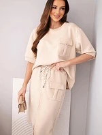 Dámský máslový komplet s halenkou a midi sukní béžový