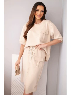 Dámský máslový komplet s halenkou a midi sukní béžový