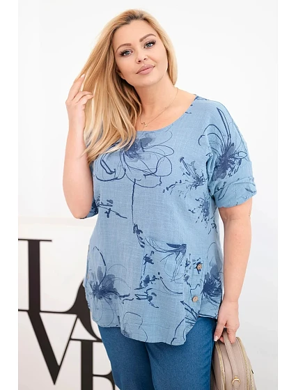Dámská bavlněná halenka Plus Size s krátkým rukávem a kapsou džínová Dámská bavlněná halenka Plus Size s krátkým rukávem a kapsou džínová