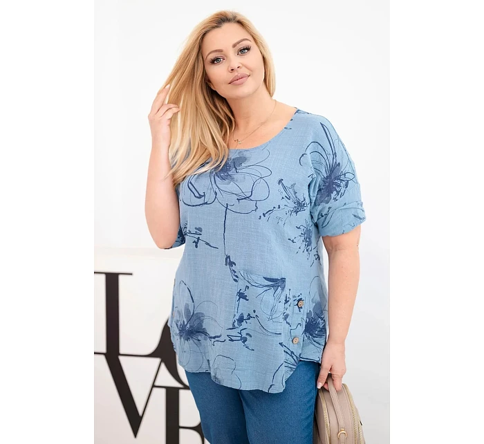 Dámská bavlněná halenka Plus Size s krátkým rukávem a kapsou džínová Dámská bavlněná halenka Plus Size s krátkým rukávem a kapsou džínová