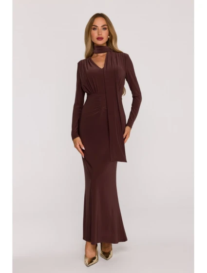 M891 Šaty s řasením a šerpou - hnědé M891 Šaty s řasením a šerpou - hnědé