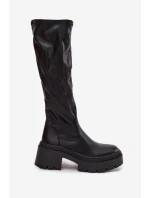 Dámské kozačky na masivním podpatku a platformě, nazouvací Florinne – černé Dámské kozačky na masivním podpatku a platformě, nazouvací Florinne – černé