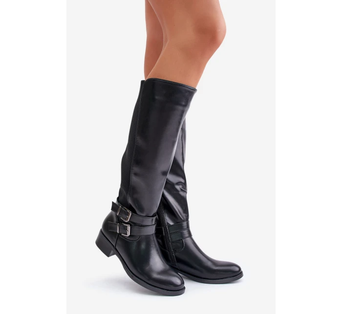 Dámské Kozačky Před Koleno Na Ploché Podpatky S Přezkami Černé Lotina Dámské Kozačky Před Koleno Na Ploché Podpatky S Přezkami Černé Lotina