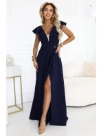 Elegantní maxi šaty s hlubokým výstřihem a rozparkem na nohou tmavě modré model 21861000 - numoco