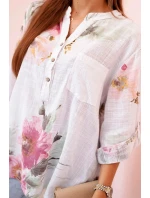 Dámská blůza z bavlny s květinovým vzorem a knoflíky - bílá