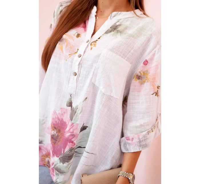Dámská blůza z bavlny s květinovým vzorem a knoflíky - bílá