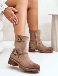 Dámské Kotníkové Boty Na Nízkém Podpatku S Přezkami Tmavě Béžové Zudra