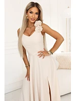 model 22067486 Elegantní večerní maxi šaty s rozparkem a růžemi béžové - numoco