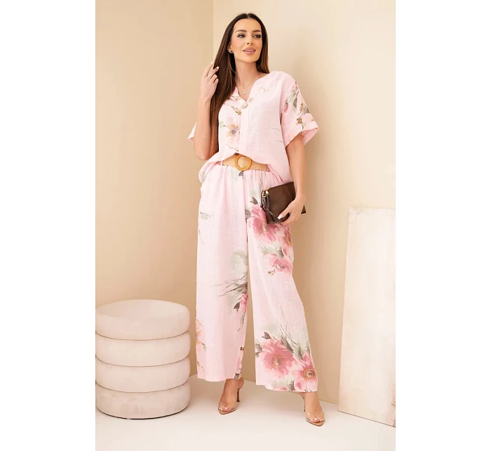Dámský bavlněný komplet s krátkým rukávem a širokou nohavicí bonbónově růžová