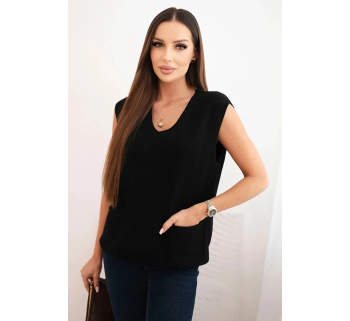 Dámský viskózový svetr bez rukávů s kapsami a výstřihem do V černý Dámský viskózový svetr bez rukávů s kapsami a výstřihem do V černý