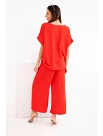 Dámský viskózový komplet halenka s krátkým rukávem a kalhoty se širokými nohavicemi červený