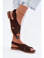 Kožené Semišové Dámské Sandály Na Ploché Podpatky D&A model 22133766 Čokoládové - S.Barski