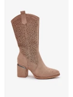 Dámské perforované kozačky do poloviny lýtka ve stylu kovbojek S.Barski – béžové, eko kůže Dámské perforované kozačky do poloviny lýtka ve stylu kovbojek S.Barski – béžové, eko kůže
