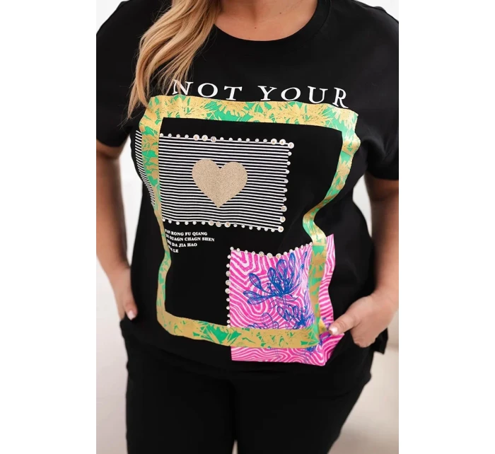 Dámská bavlněná halenka Plus Size se zlatým nápisem černá + zelená