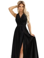 587-2 MONIQUE dlouhé exkluzivní saténové šaty s výstřihem a rozparkem na nohou - BLACK 587-2 MONIQUE dlouhé exkluzivní saténové šaty s výstřihem a rozparkem na nohou - BLACK