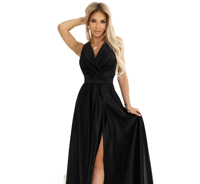 587-2 MONIQUE dlouhé exkluzivní saténové šaty s výstřihem a rozparkem na nohou - BLACK 587-2 MONIQUE dlouhé exkluzivní saténové šaty s výstřihem a rozparkem na nohou - BLACK