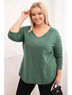 Dámská bavlněná blůza Plus Size s výstřihem do V a ohrnovacími rukávy tmavě khaki