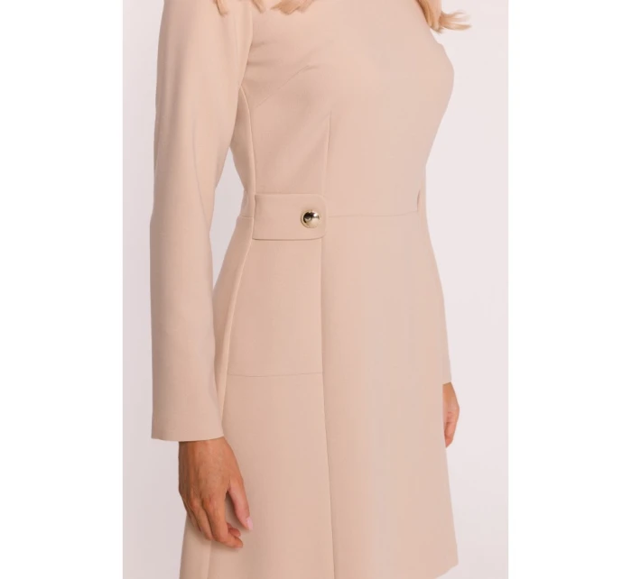 S419 Šaty s ozdobnými knoflíky v pase - béžové