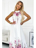 456-2 ESTER Plisované saténové maxi šaty - BÍLÉ S RŮŽOVÝMI KVĚTY