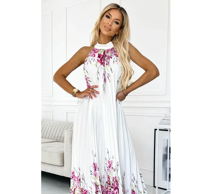456-2 ESTER Plisované saténové maxi šaty - BÍLÉ S RŮŽOVÝMI KVĚTY