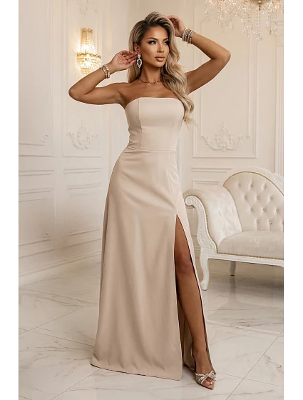 663-1 ELARA korzetové maxi šaty s rozparkem a zavazováním na zádech - béžové