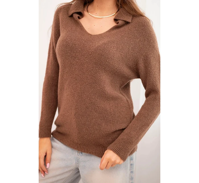 Dámský svetr z baby alpaky s límcem a V výstřihem model 21718749 - K-Fashion