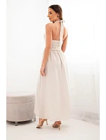Dámské maxi šaty z viskózy vázané u krku s ozdobnou sponou béžová