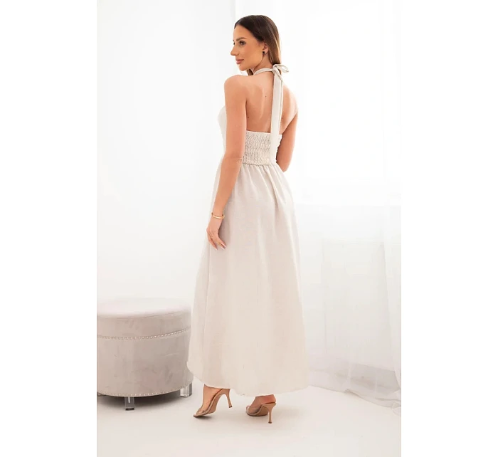 Dámské maxi šaty z viskózy vázané u krku s ozdobnou sponou béžová