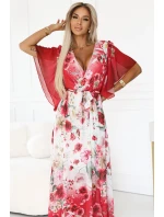 Vzdušné maxi šaty s obálkovým výstřihem a květinovým vzorem RED model 21151839 - numoco basic Vzdušné maxi šaty s obálkovým výstřihem a květinovým vzorem RED model 21151839 - numoco basic