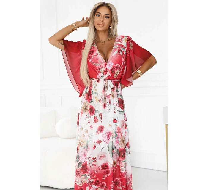 Vzdušné maxi šaty s obálkovým výstřihem a květinovým vzorem RED model 21151839 - numoco basic Vzdušné maxi šaty s obálkovým výstřihem a květinovým vzorem RED model 21151839 - numoco basic
