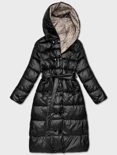 Černo/béžová oboustranná dlouhá bunda s kapucí (P22-6638-1+62)
