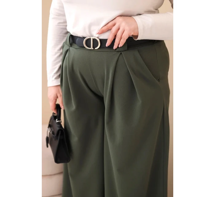 Dámské kalhoty Plus Size viskózové s širokou nohavicí a páskem khaki Dámské kalhoty Plus Size viskózové s širokou nohavicí a páskem khaki