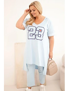 Dámská bavlněná souprava Plus Size s mikinou s kapucí a kalhotami modrá