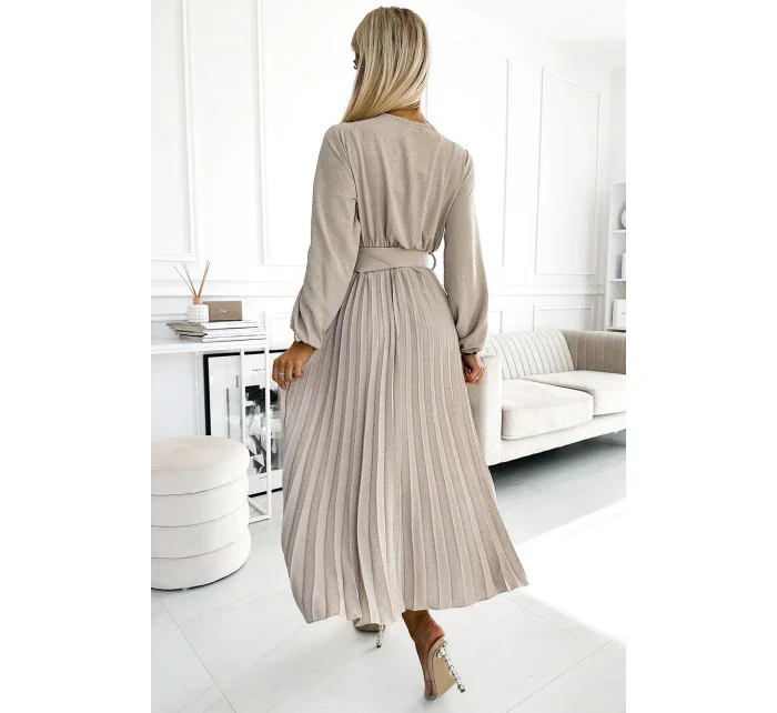 Béžové dámské midi šaty s výstřihem, dlouhými rukávy a širokým opaskem model 19012562 - numoco basic Béžové dámské midi šaty s výstřihem, dlouhými rukávy a širokým opaskem model 19012562 - numoco basic