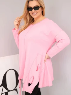 Dámská bavlněná blůza Plus Size s asymetrickým spodním lemem a výřezy světle růžová
