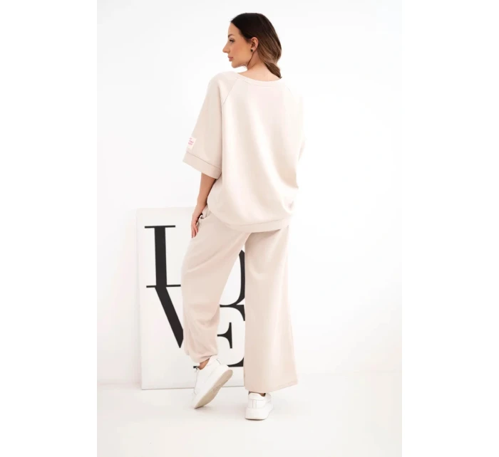 Dámský máslový komplet z viskózy mikina a široké kalhoty béžový
