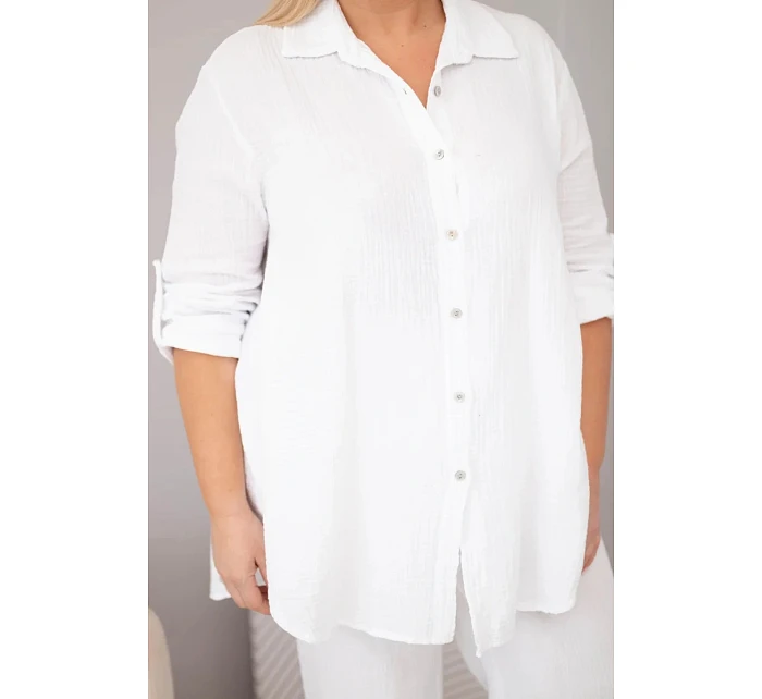 Dámský komplet Plus Size s košilí na knoflíky a kalhotami se širokými nohavicemi bílý model 22069915 - K-Fashion