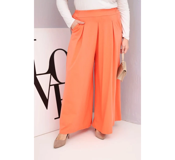 Dámské kalhoty z bavlny Plus Size s širokými nohavicemi a volným střihem meruňkové