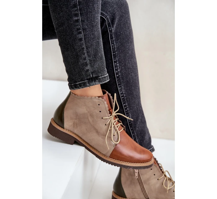 Kožené Botky Na Plochém Podpatku Hnědé Zazoo 4078